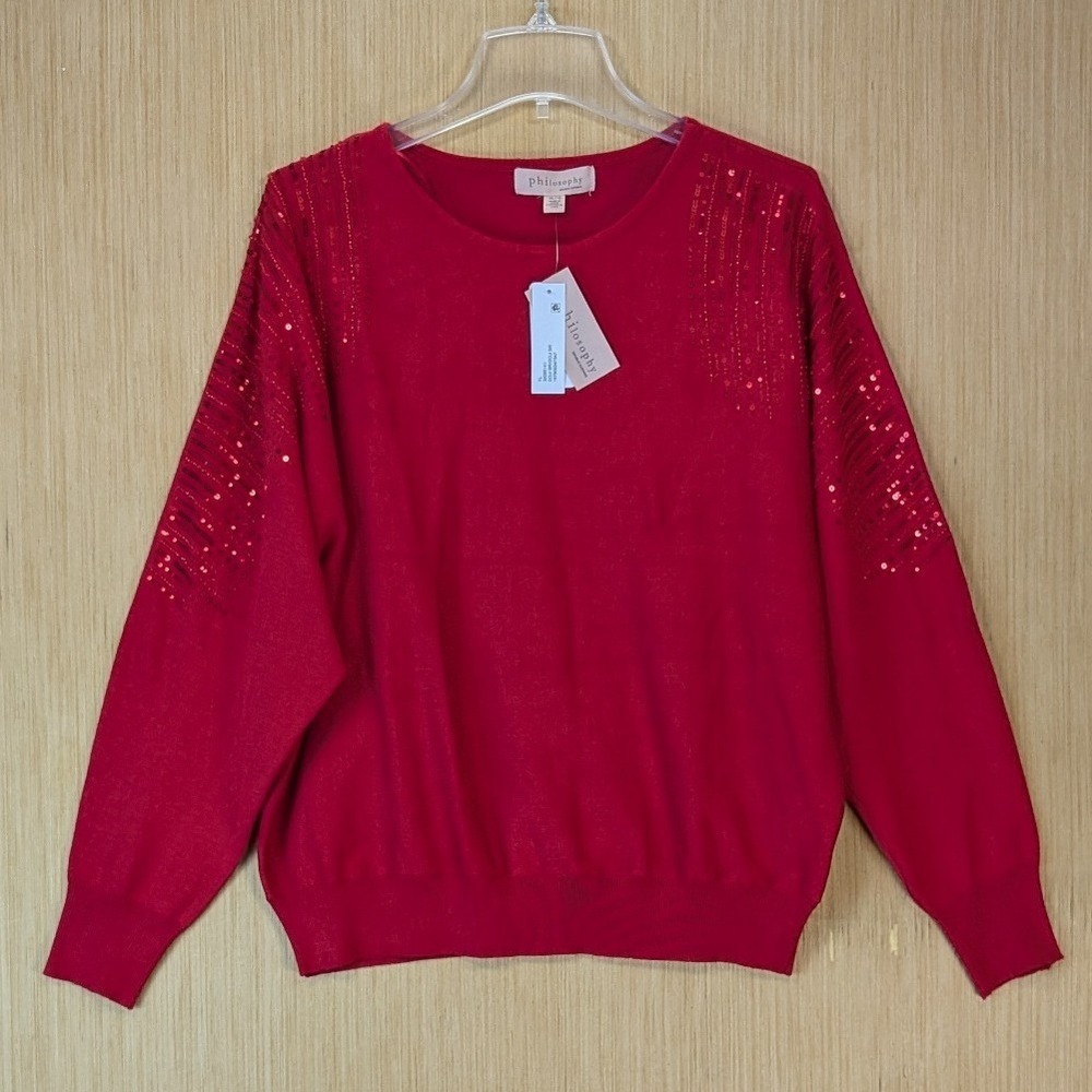 Philosophy Women Festive Sequin Party Chic Shoulder Knit Sweater Size XL Red New